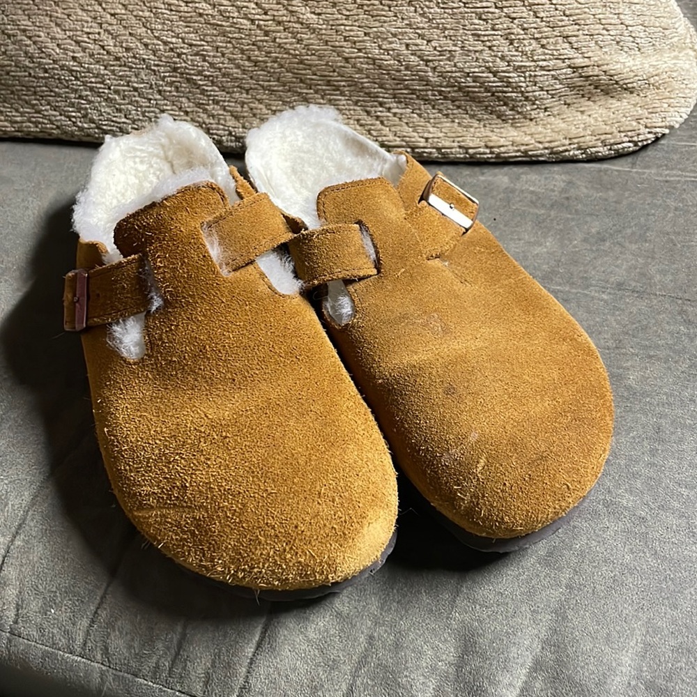 Birkenstock Tan Suede Shearling Clogs